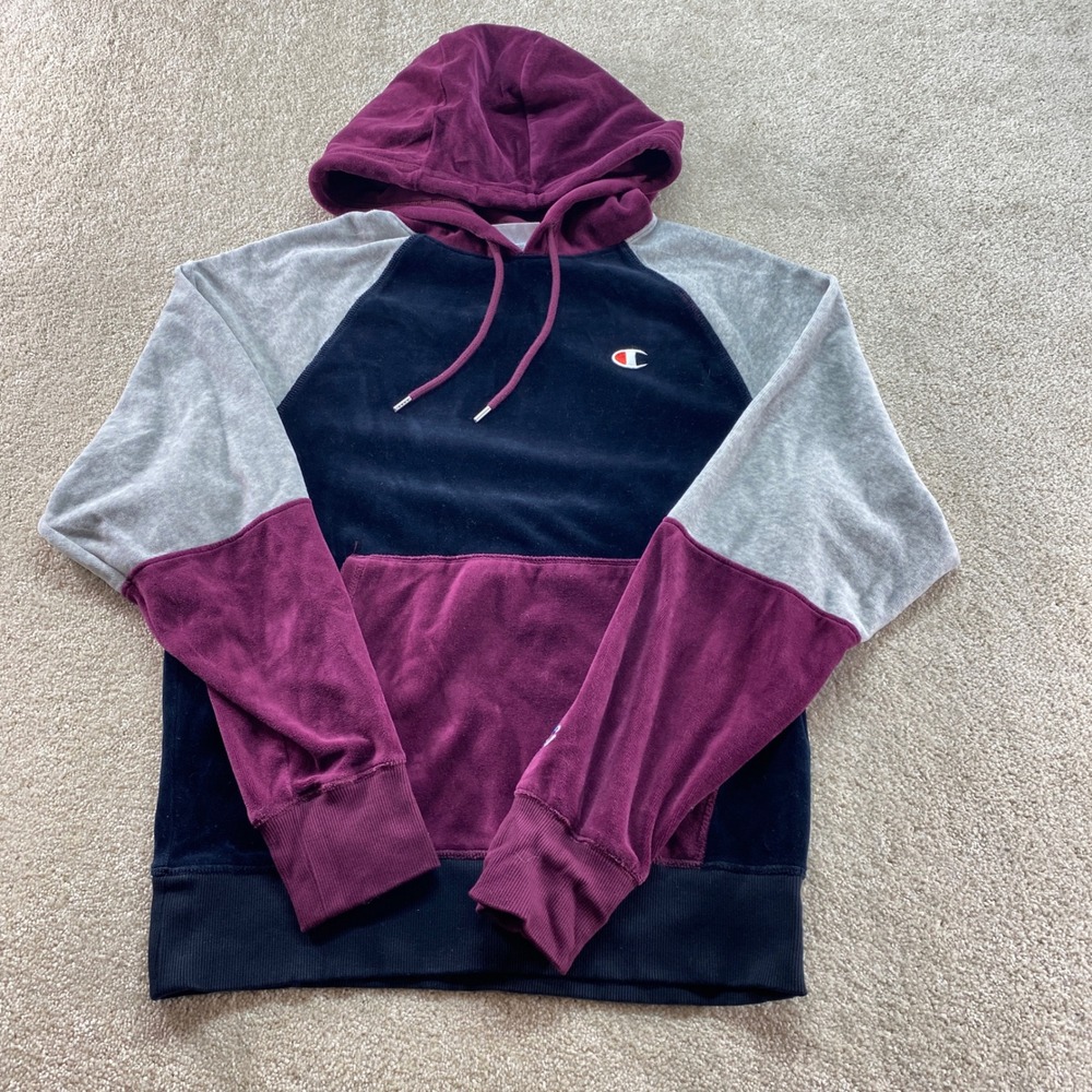 Champion Sweater Mens Small Velour Colorblock Hoodie‎ Pullover Athletic